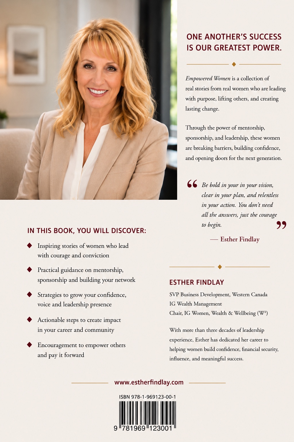 Back cover of Empowered Women, with the book description and Esther Findlay’s author photograph.