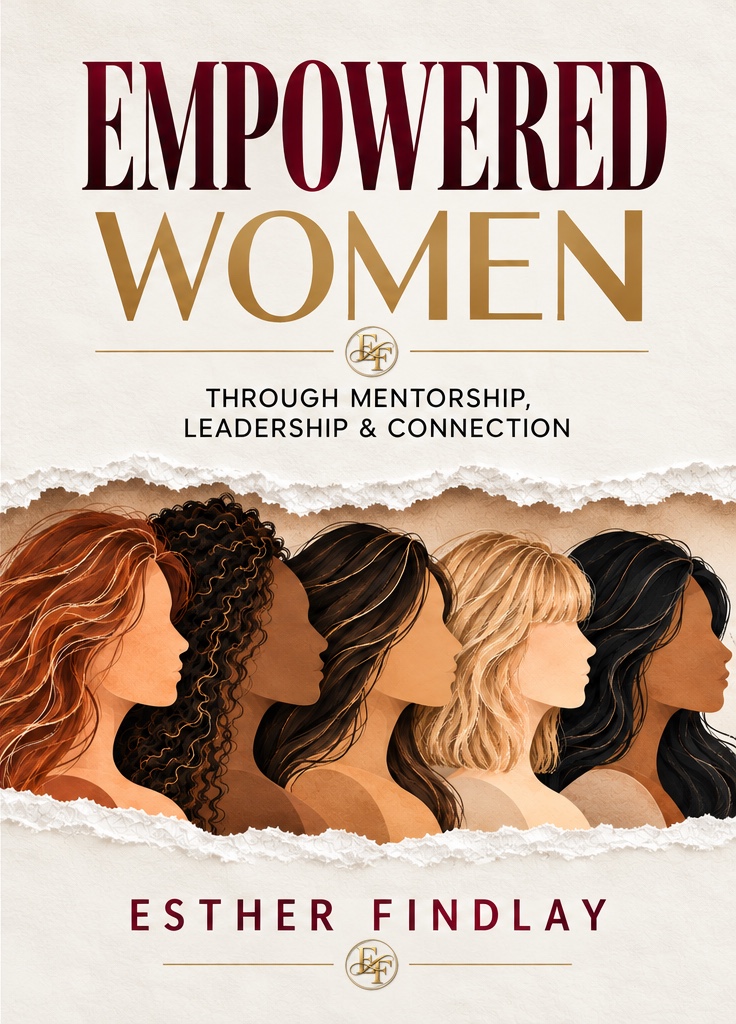 The cover of Empowered Women by Esther Findlay: five women in profile behind a torn sheet of paper.