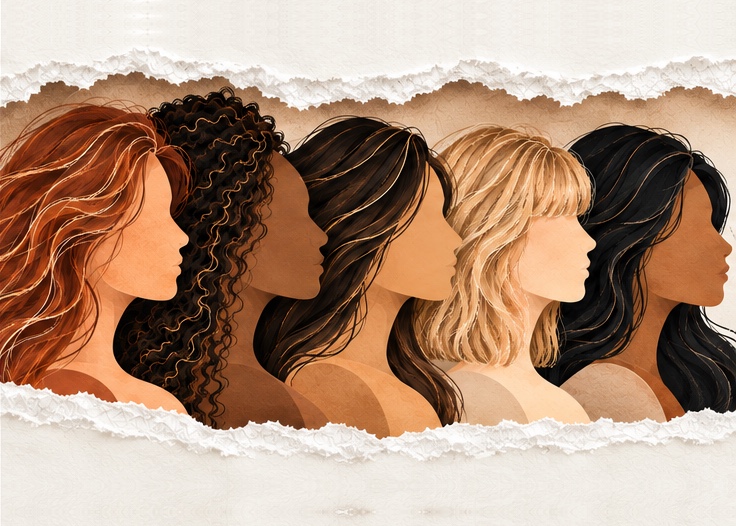 Detail from the cover of Empowered Women: five women shown in profile, side by side, behind a torn sheet of paper.